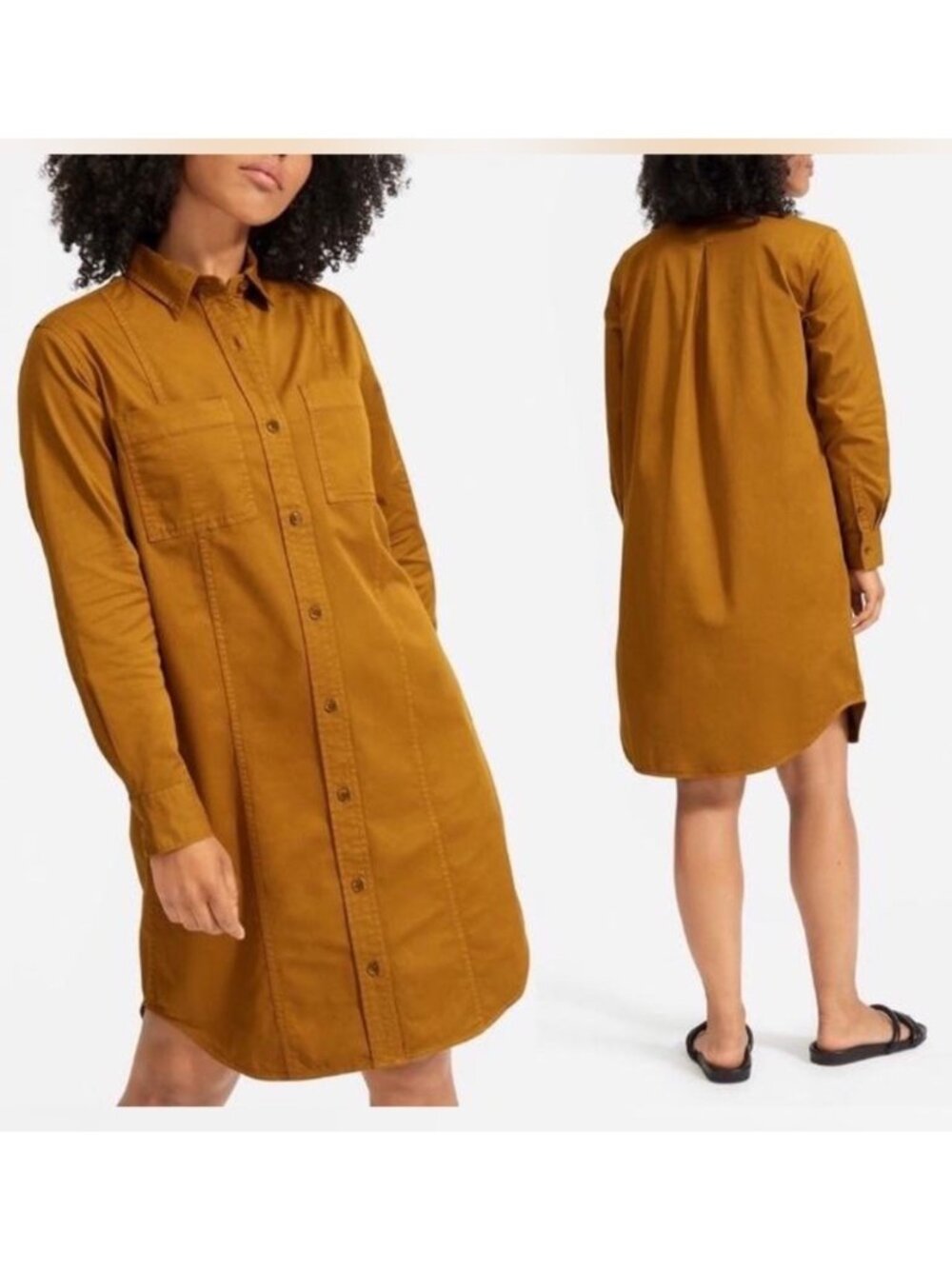 Everlane Utility Shirt Dress Long Sleeve Belted Cotton Elastane Blend Brass Colo